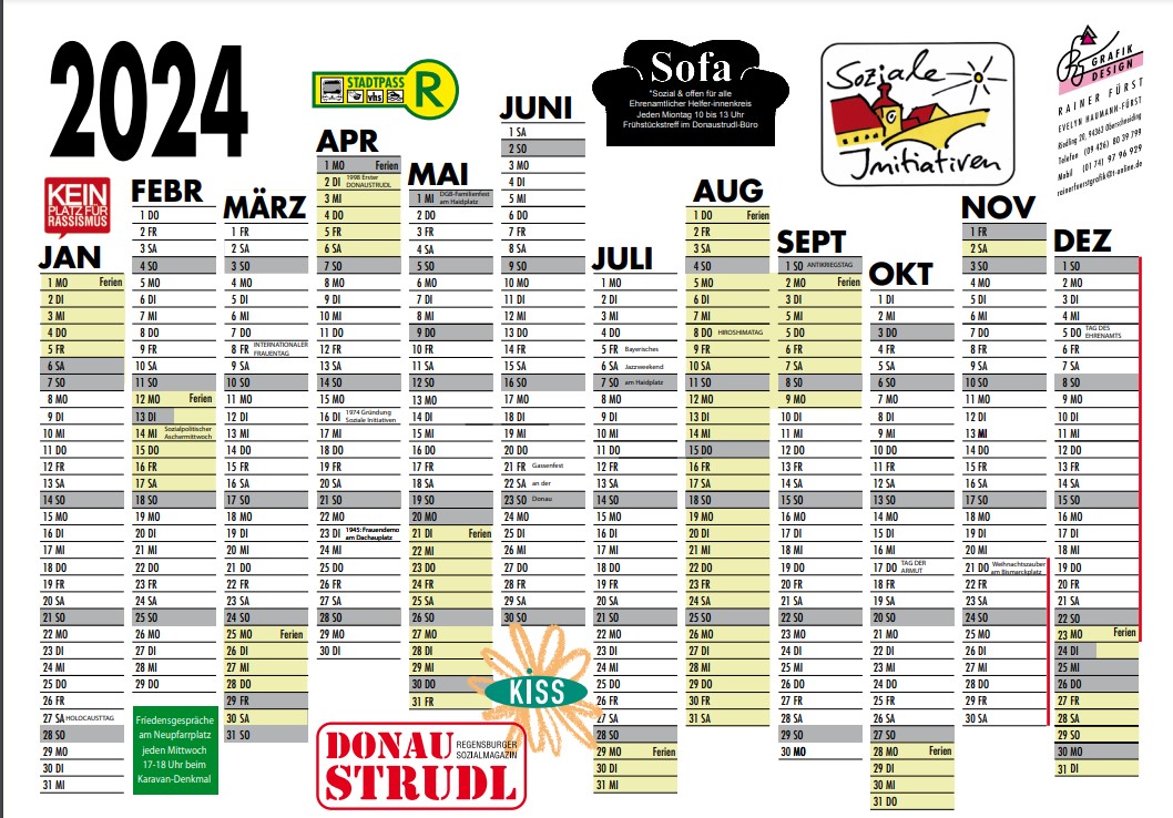 Jahreskalender der Sozialen Inititiven mit allen wichtigen Veranstaltungsterminen 2023